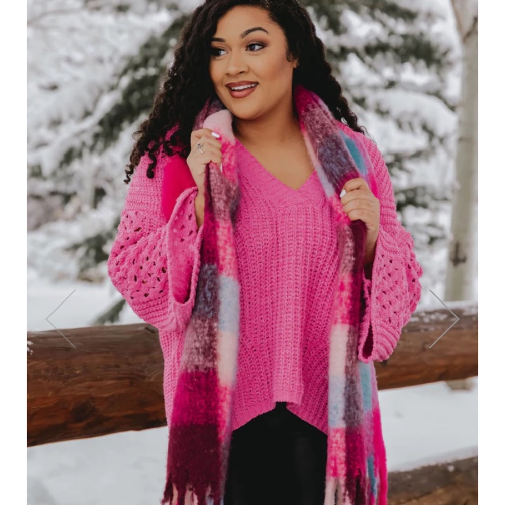 Pink Lily Act Surprised Pink Chanelle Open Knit Sleeve Sweater